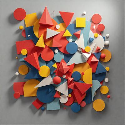 The primary subject of the image is a colorful and abstract artwork made up of various shapes and colors. The setting is a wall, and the visual style appears to be a combination of digital art and illustration. The dominant colors in the artwork are red, blue, yellow, and white, creating a vibrant and lively atmosphere.